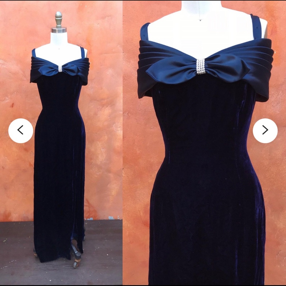 Navy Velvet Off-Shoulder Evening Gown with Bow Detail
